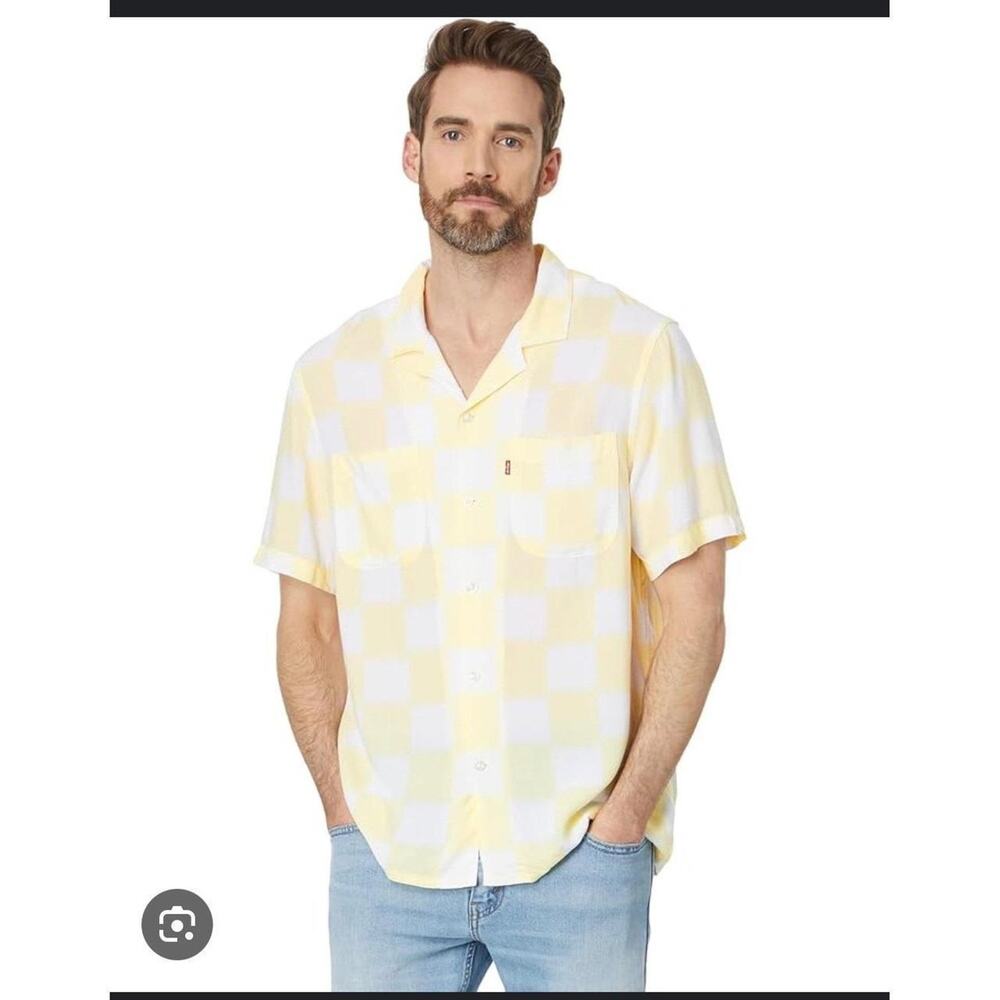 Levi's Relaxed Fit Checkerboard Short Sleeve Camp Shirt Yellow‎ White SZ S NWT